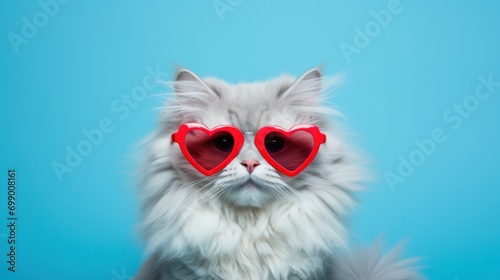 Fluffy cat wearing heart-shaped sunglasses, posing on a vibrant blue background.