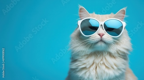 Fluffy cat wearing heart-shaped sunglasses on blue background