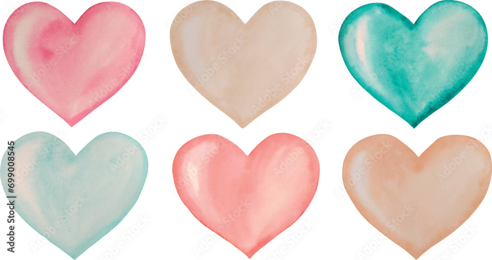 Watercolor and vector colored hearts, Valentine's day, love, hand painted on paper, white background, for text, banner, card, invitation, design for banner, logo, brand