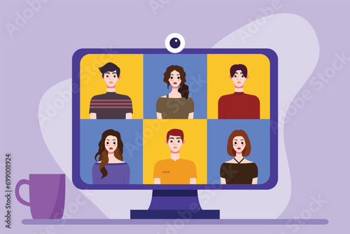 Video conference concept. People avatars on computer screen. Vector illustration