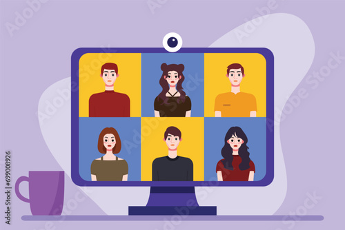 Video conference concept. People avatars on computer screen. Vector illustration