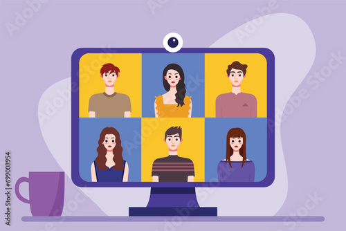 Video conference concept. People avatars on computer screen. Vector illustration