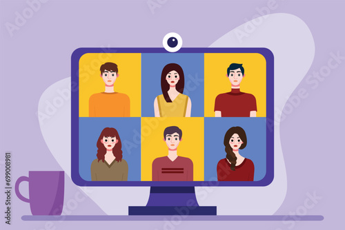 Video conference concept. People avatars on computer screen. Vector illustration