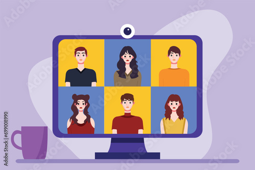 Video conference concept. People avatars on computer screen. Vector illustration