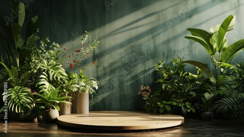 round wooden podium and green plants and flowers, natural and refreshing ambiance. variety of green plants of different shapes and sizes, product presentation

