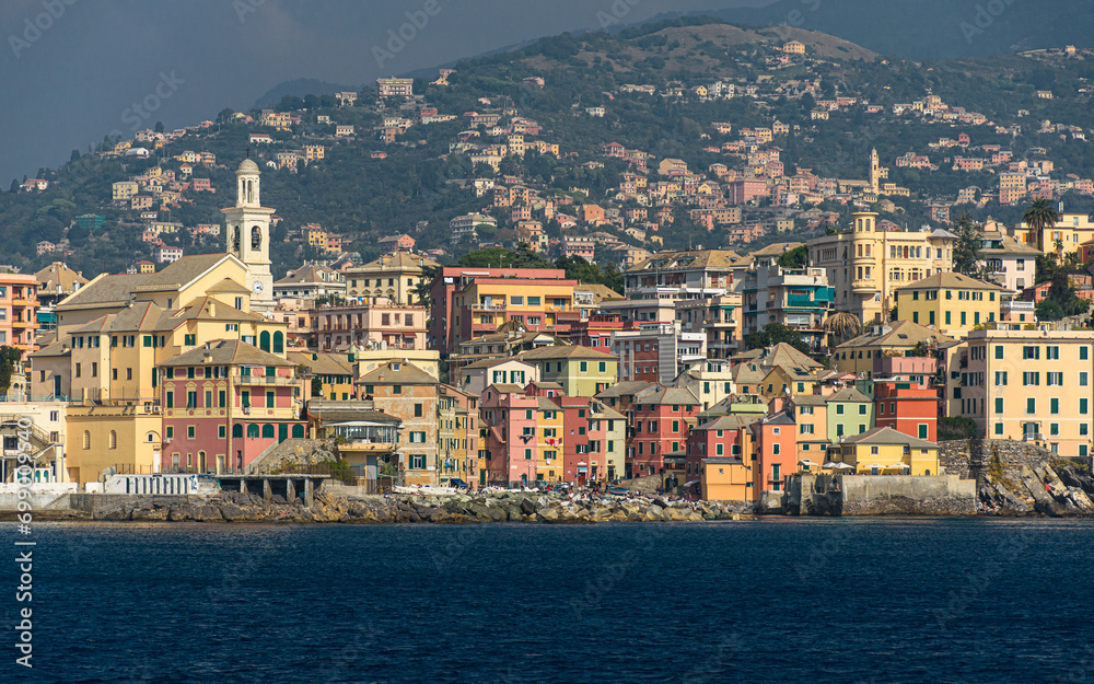 Boccadasse, small sea district of Genoa, seen from the sea. Liguria, Italy.
