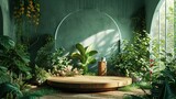 round wooden podium and green plants and flowers, natural and refreshing ambiance. variety of green plants of different shapes and sizes, product presentation