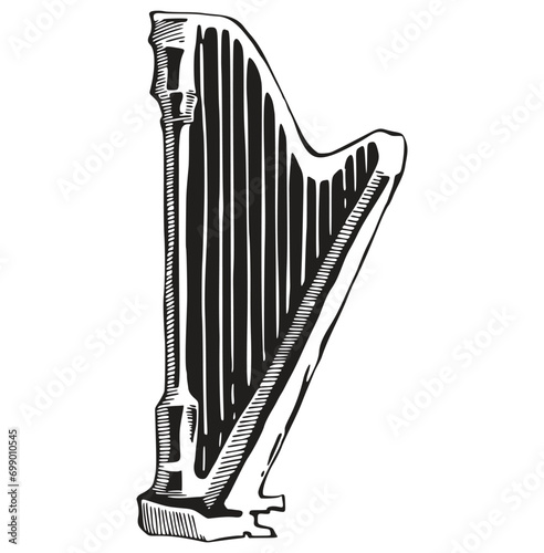 Vector illustration music tools harp silhouette isolated on white background