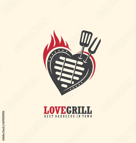 Creative logo design concept for fast food bbq restaurant.Emblem template with grill and heart shapes. Love grill unique symbol idea layout.