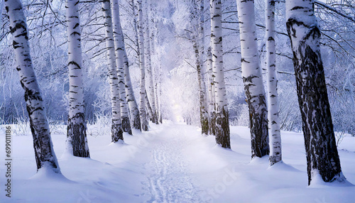 Beautiful winter landscape with powder snow and footpath with footprints and birch trees. Generative Ai.