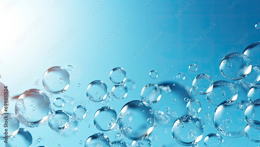 bubbles in water on blue background, transparent cosmetic blue gas bubbles under water. features sparkling water bubbles against a vivid blue backdrop. for spa advertisements, aquatic-themed designs, 