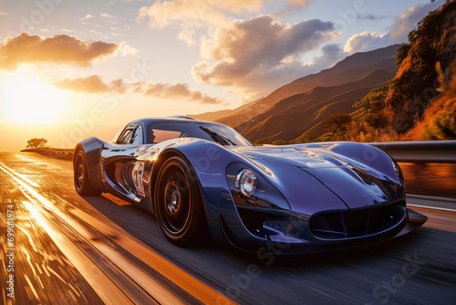 Classic sports car driving on a highway at sunset, conveying speed, luxury, and a vintage racing vibe.