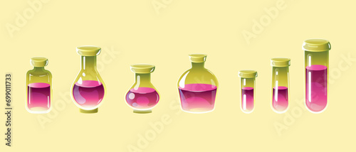 Set of witch's potions, jars. Happy Halloween. Vector bottles. Collection of witches' potions. Set of vessels. Magic drinks in bottles. 