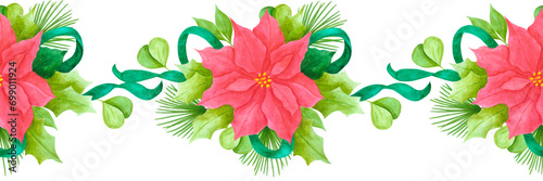 Hand drawn watercolor poinsettia with ribbon seamless border isolated on white background. Can be used for label  tape  decoration and other printed products.