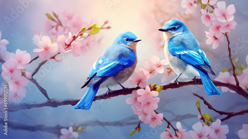 Pair of blue birds in spring nature. Pastel color