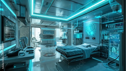 medical technology Futuristic hospital room with high tech Artificial neural networks technology equipment and using virtual reality technology 
