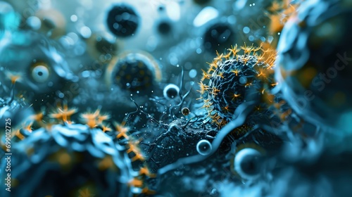 Close up macro details of microbes molecules virus bacteria, dna and rna photo