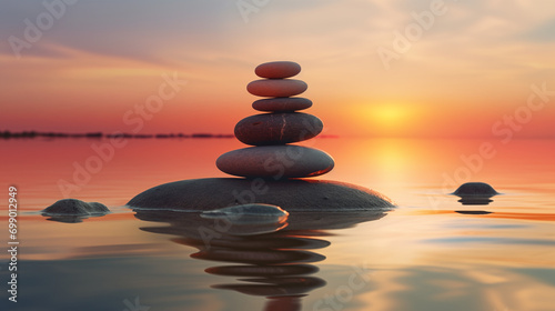 Zen Sunset - Peaceful Cairn Silhouette Against Vivid Waterscape"