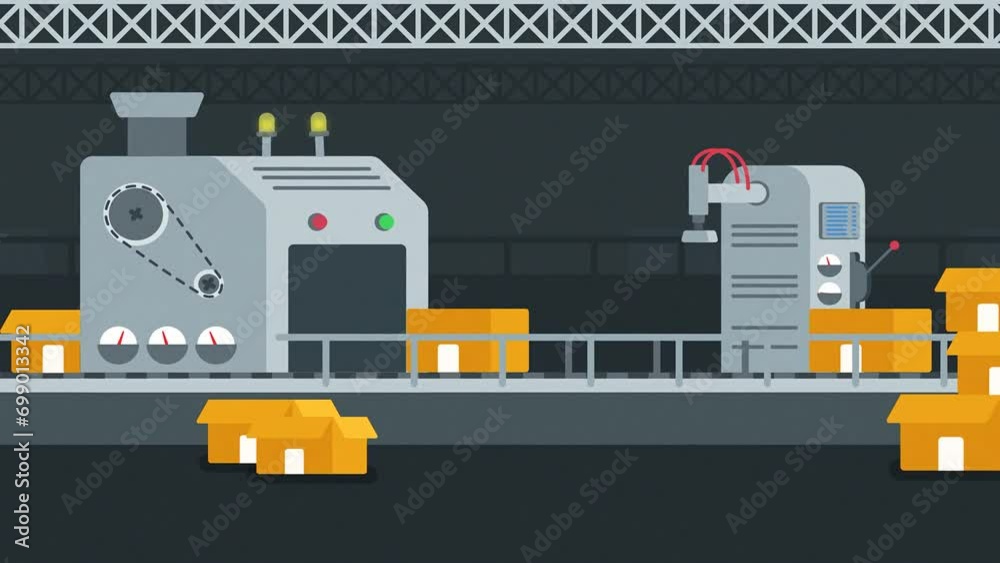 2d Animated Loop Of Automatic Conveyor Belt Carrying Products At Warehouse. Robot Hand Putting Seals On Boxes.