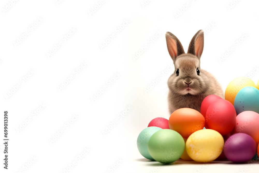 The Easter bunny sits next to aEaster eggs, light white background The Easter bunny sits next to aEaster eggs, light white background