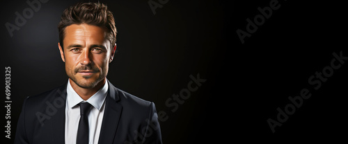 Young male confident businessman, dark background isolate. Successful professional in suit, tie, entrepreneur.