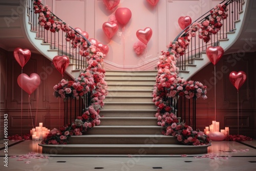 Staircase with red and pink flower garlands, heart-shaped balloons and candles - interior design for Valentine's Day