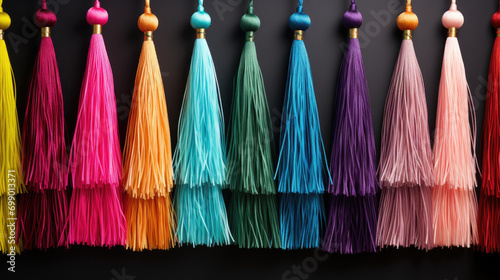 Colorful Tassel Garland Pattern,A close up of tassels on a string. Perfect for adding a bohemian touch to designs, such as invitations, textiles, or fashion accessories. photo