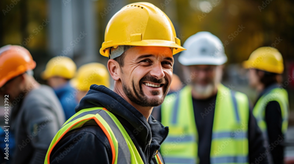 A happy construction worker wearing a yellow hard hat and reflective vest with colleagues in the background. - obrazy, fototapety, plakaty 