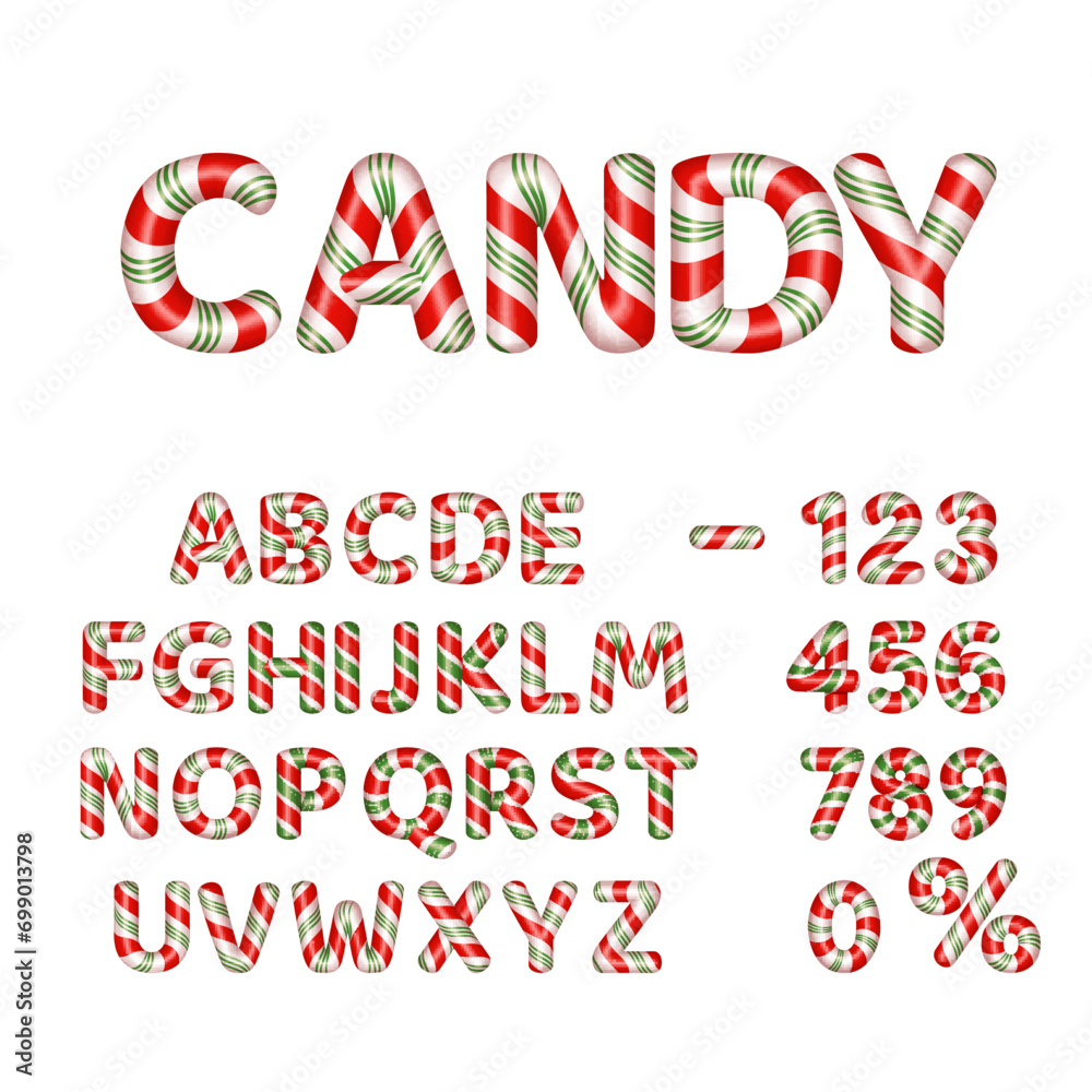 Candy alphabet and numbers with red, green and white stripes, isolated on white. Candy alphabet and numbers with red, green and white stripes, isolated on white.