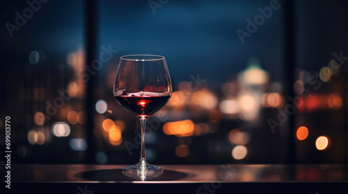 Elegant glass of red wine with a city nightscape backdrop, highlighting urban sophistication. photo