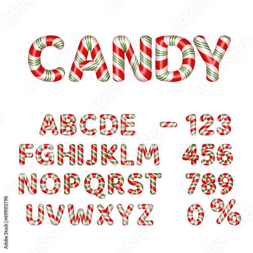 Candy alphabet and numbers with red, green and white stripes, isolated on white.
