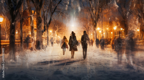 People walking on a snowy evening lit by warm street lights in a park.
