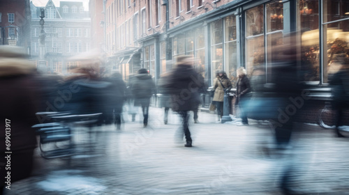 Motion blur of pedestrians bustling on a snowy urban street with historical architecture.