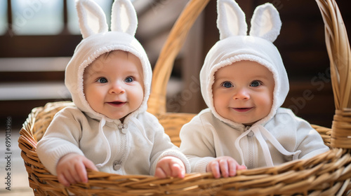 Cheerful twin babies dressed in bunny outfits sitting in a wicker basket and smiling. photo