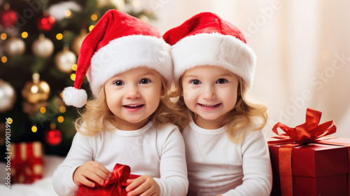 Two smiling young girls in Santa hats holding Christmas gifts in a festive setting.
