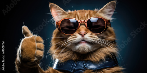 portrait of a cat, happy Cat wearing sunglasses and and shows thumbs up gesture on blue background © Planetz