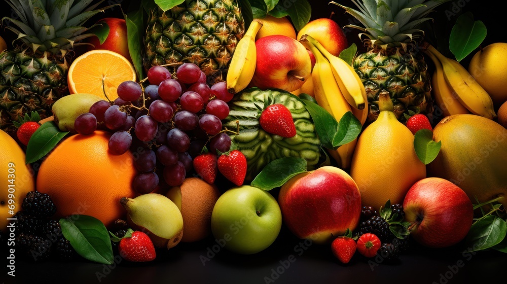 A variety of fresh fruits fill the area. colorful background A variety of fresh fruits fill the area. colorful background