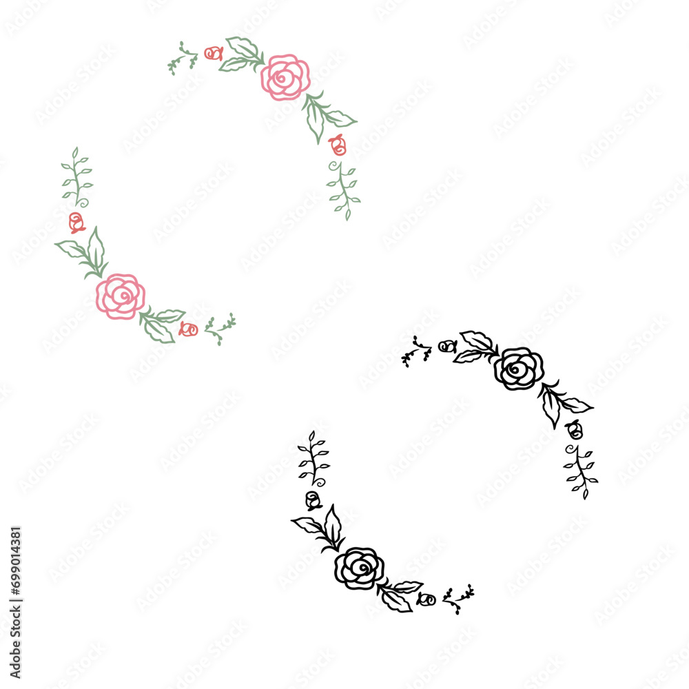 Hand Drawn Floral Wreath Of Roses And Leaf With Circular Shape
