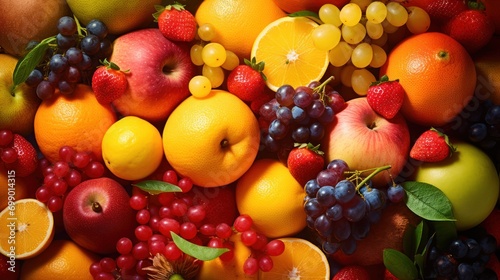 A variety of fresh fruits fill the area. colorful background photo