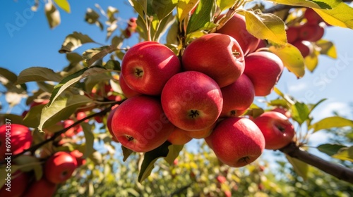 Fototapeta Naklejka Na Ścianę i Meble -  Bright red apples on the tree ready to be harvested Except for the side area