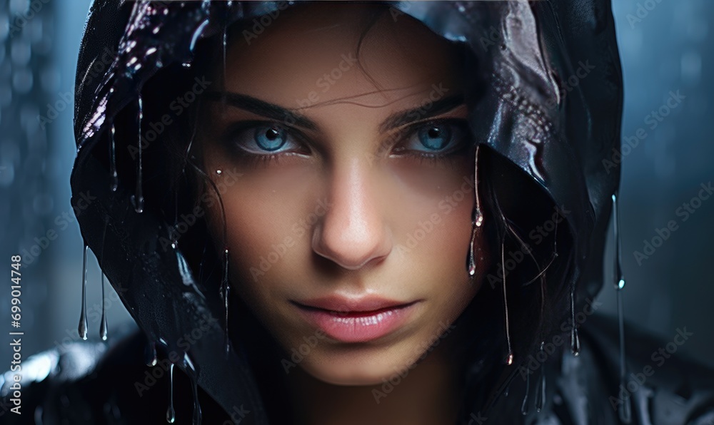 A woman in a hooded jacket with rain drops on her face A woman in a hooded jacket with rain drops on her face