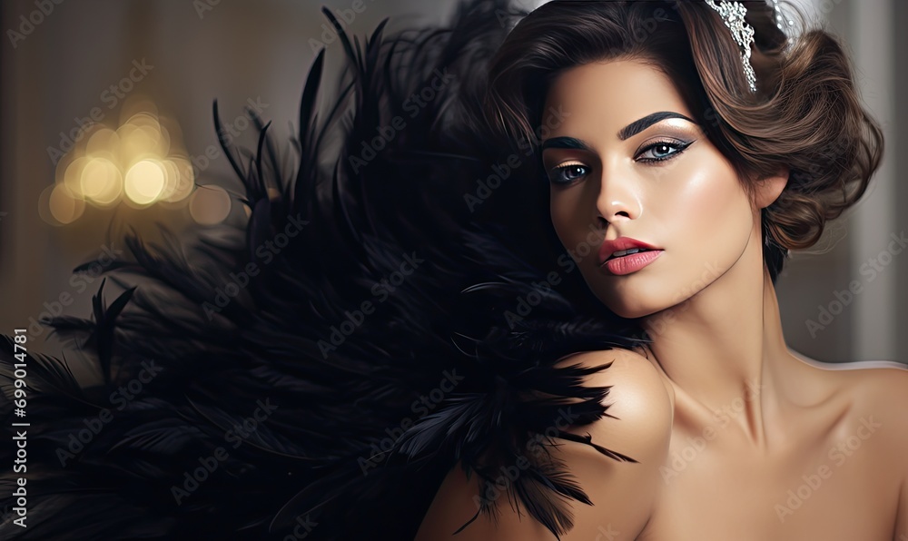 A woman with a white feather around her neck A woman with a white feather around her neck