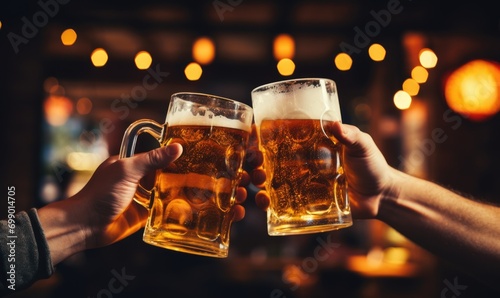 Two people toasting with beer in a bar