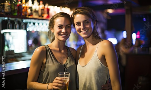 Two women standing next to each other at a bar