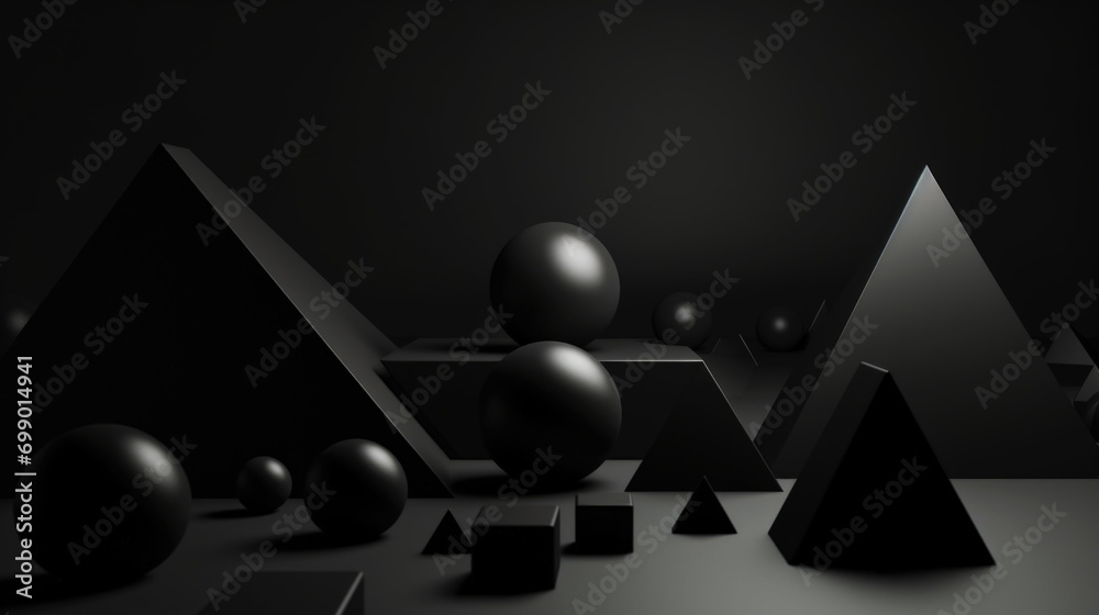 3d smooth different matte shapes. Abstract geometric background with black colour palette. Generative AI - obrazy, fototapety, plakaty 