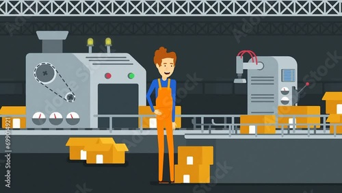 2d Animated Loop Of Worker Picking Up Boxes From Automatic Conveyor Belt Carrying Products At Warehouse. Robot Hand Putting Seals On Boxes. photo