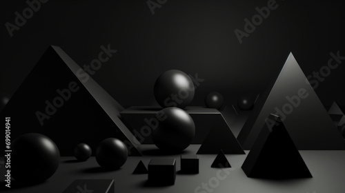 3d smooth different matte shapes. Abstract geometric background with black colour palette. Generative AI