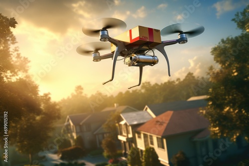 Drone with a box on the background of the house. The concept of delivery of goods, A drone delivering a package in a suburban neighborhood, AI Generated