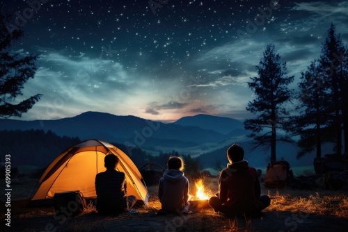 Camping in the mountains at night. Group of friends sitting near bonfire and looking at night sky with stars, A family camping trip under a star-filled sky, AI Generated