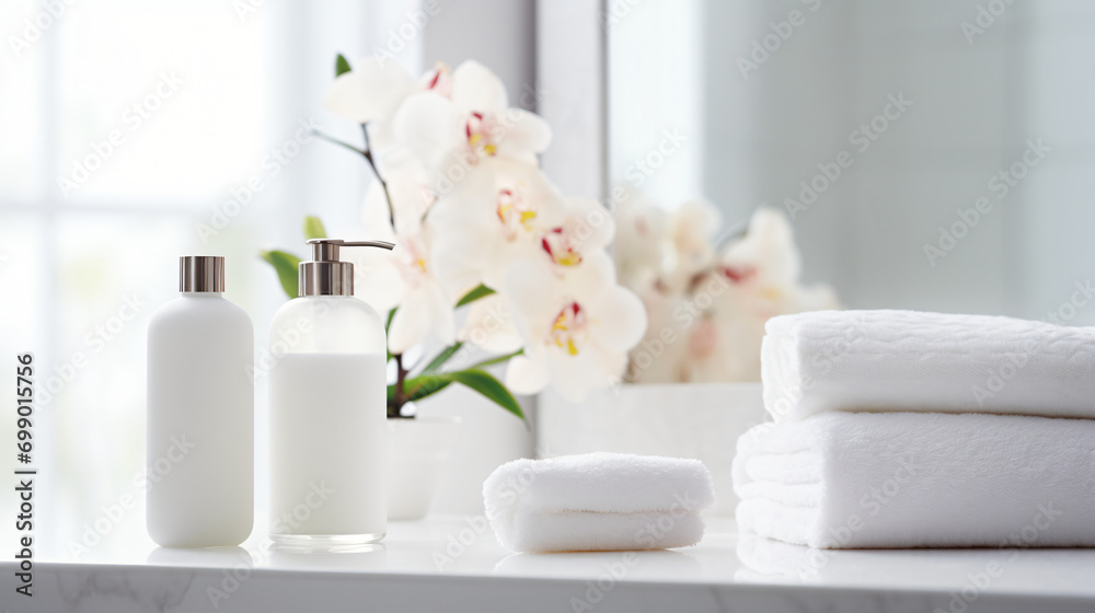 Spa products in the bathroom. Bottle of soap cosmetic